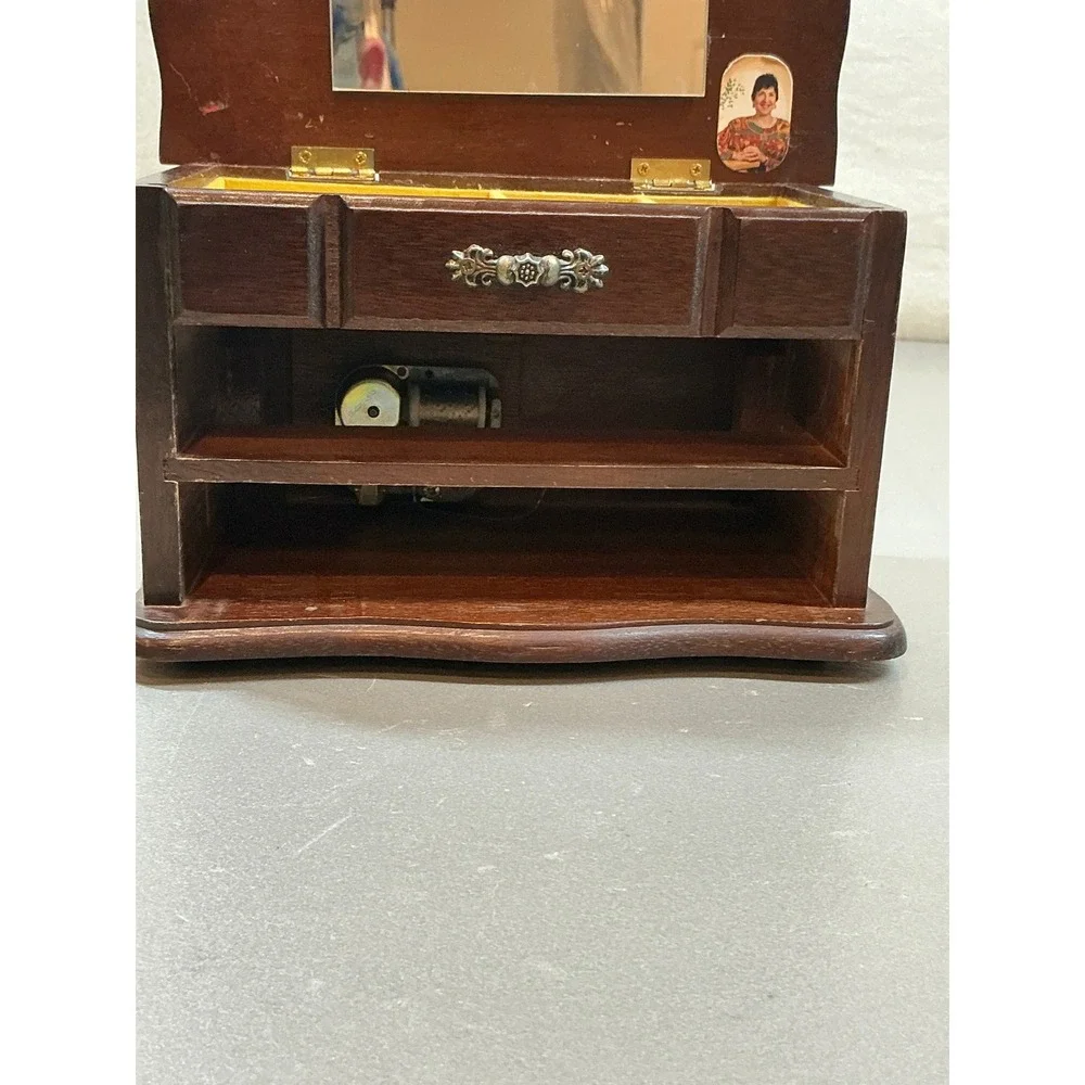 Vintage Illinois Musical Jewelry Box Solid Wood 3 Drawer Mirror Yellow Lining